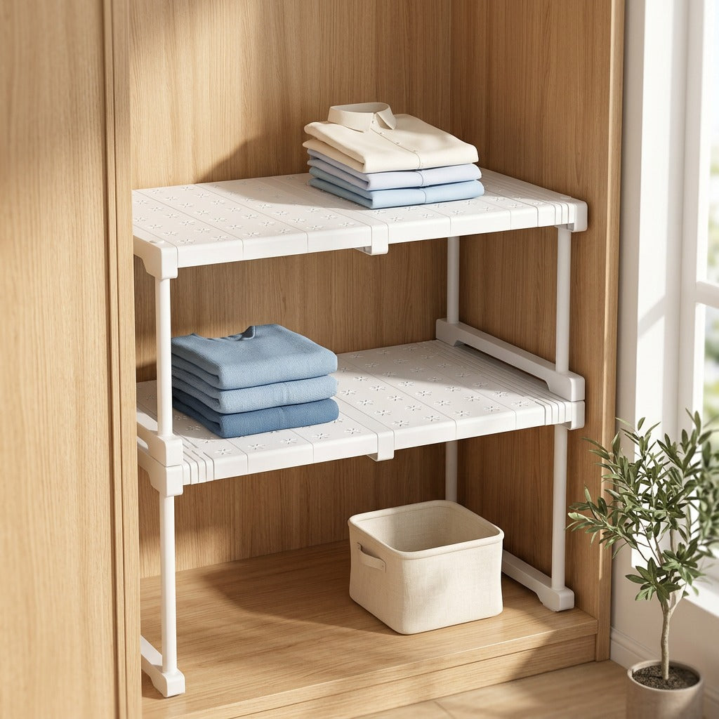 Risehold™ Telescopic Storage Rack in a calm home setting