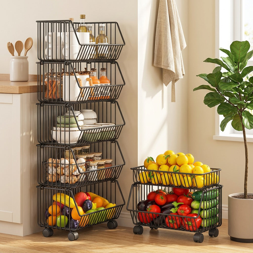 Vegtier™ Carbon Steel Vegetable Storage Rack in a calm home setting