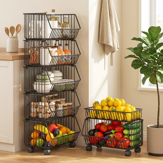 Vegtier™ Carbon Steel Vegetable Storage Rack in a calm home setting