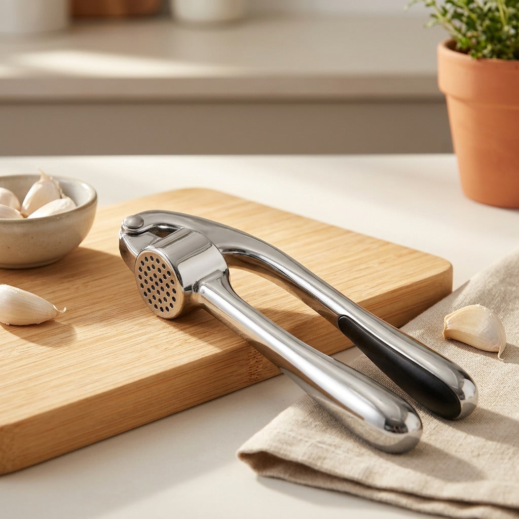 Clovemill™ Zinc Alloy Garlic Press, styled close view