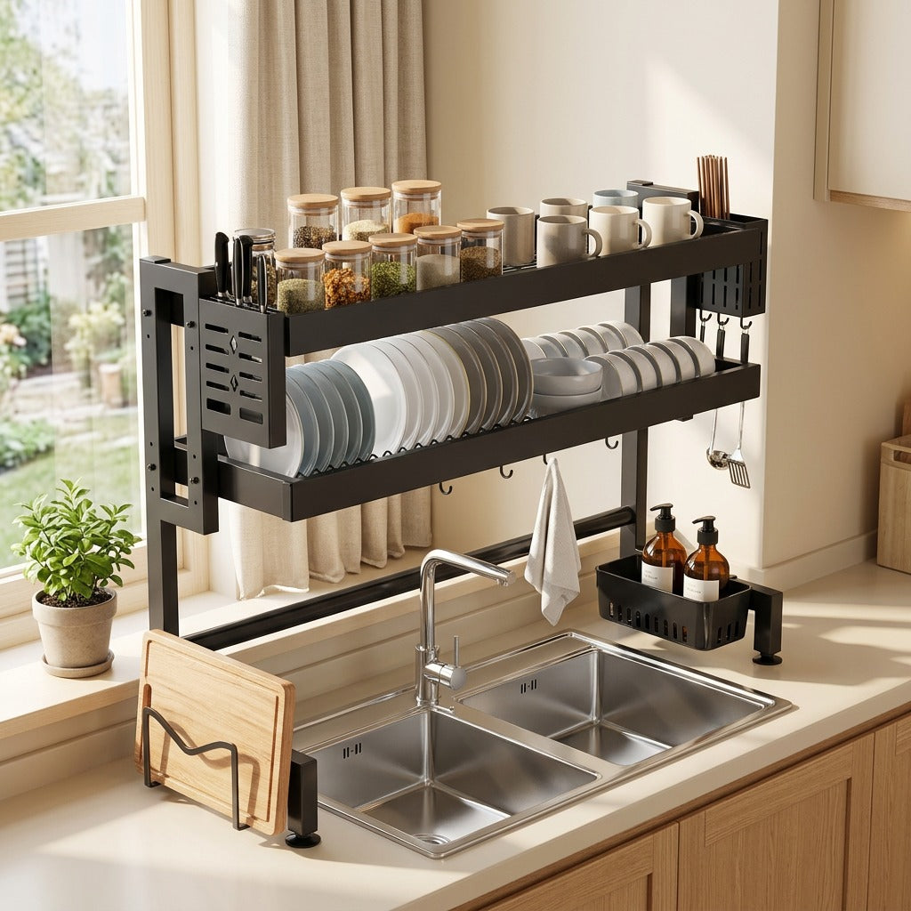 Rackforge™ Carbon Steel Kitchen Sink Storage Rack in a calm home setting