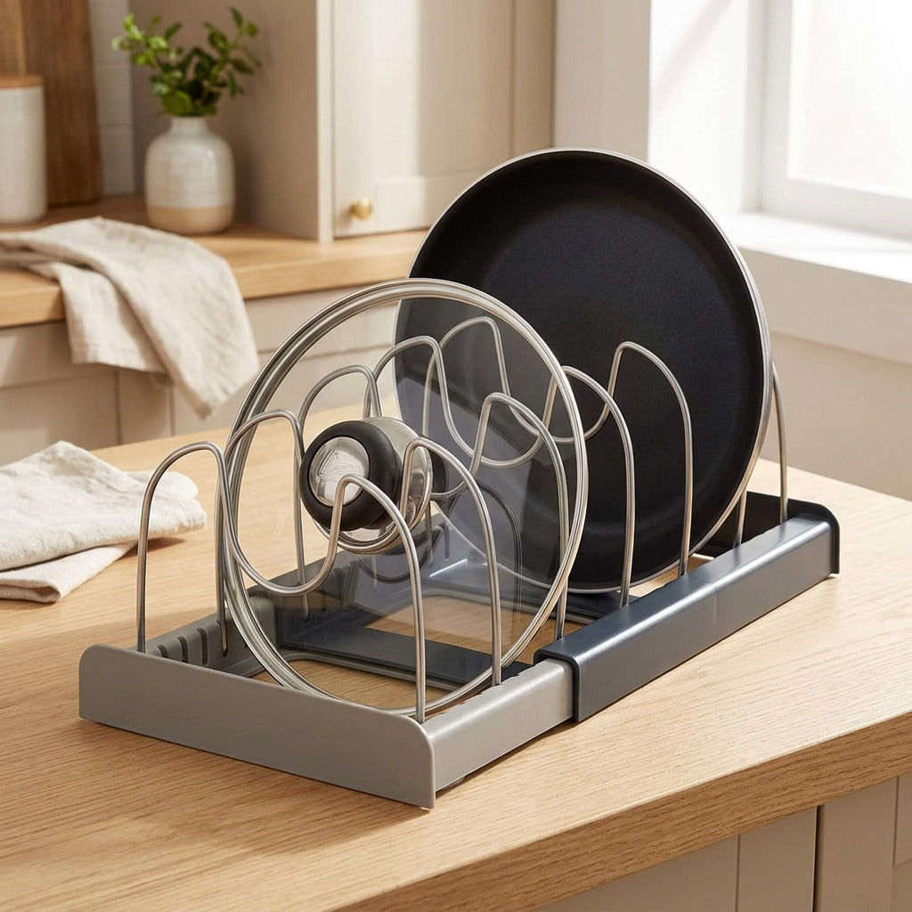 Lidslot™ Plastic Steel Kitchen Pot Lid Rack in a calm home setting