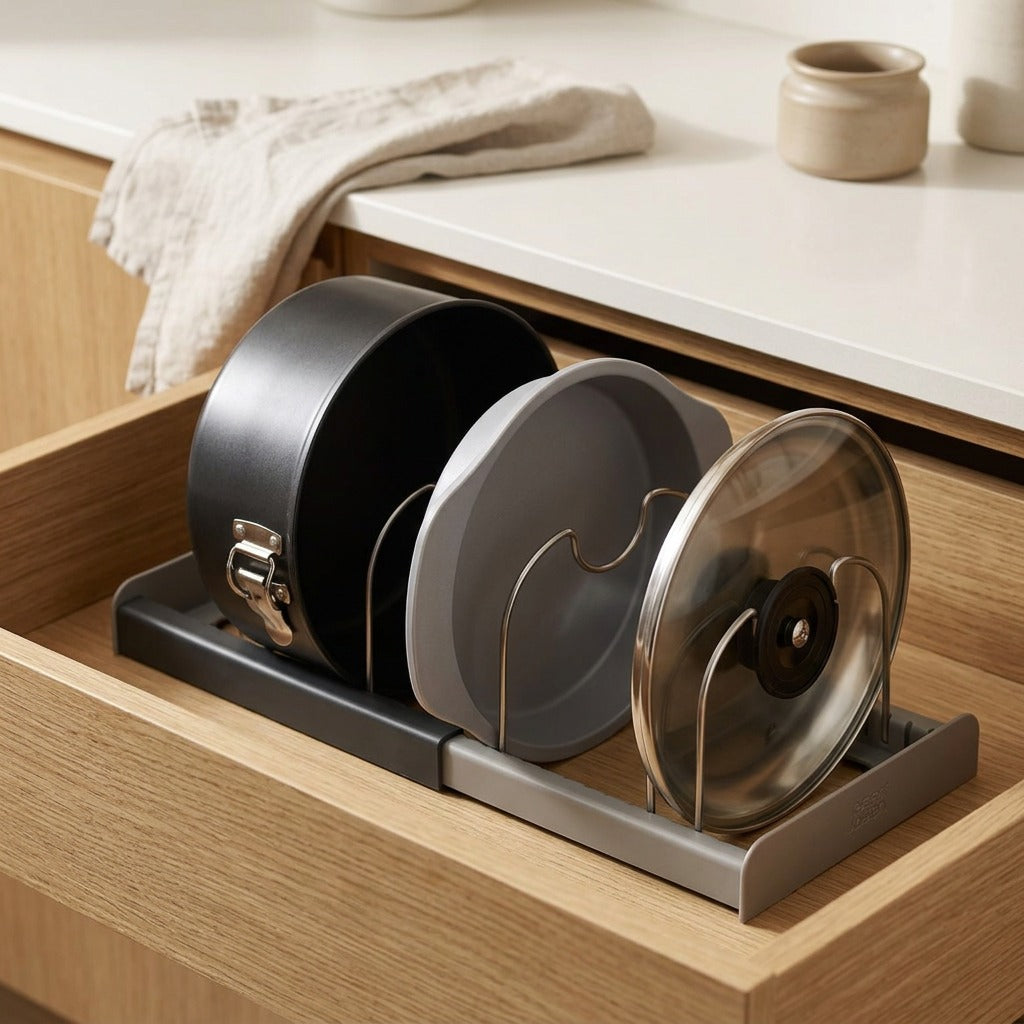 Lidslot™ Plastic Steel Kitchen Pot Lid Rack, styled close view