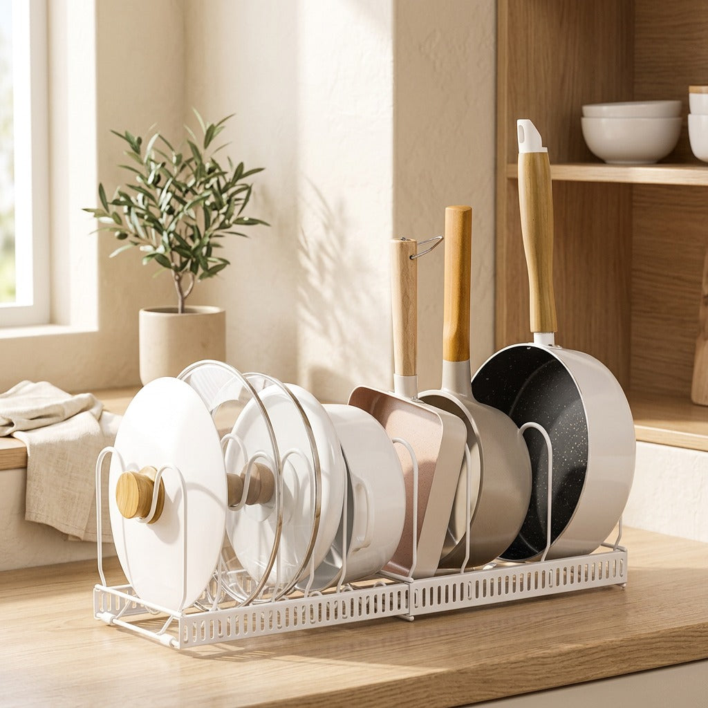 Lidglide™ Retractable Pot Lid Storage Rack in a calm home setting