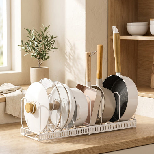 Lidglide™ Retractable Pot Lid Storage Rack in a calm home setting