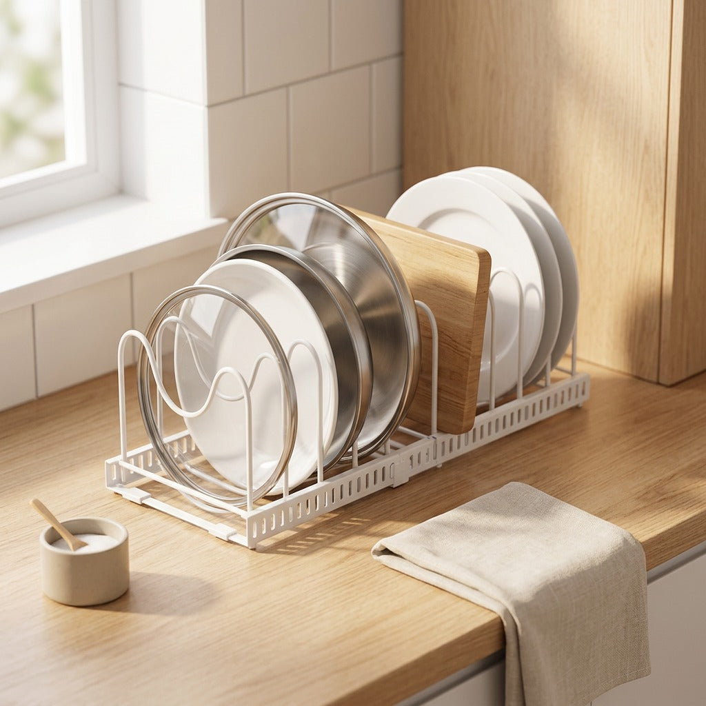 Lidglide™ Retractable Pot Lid Storage Rack, styled close view