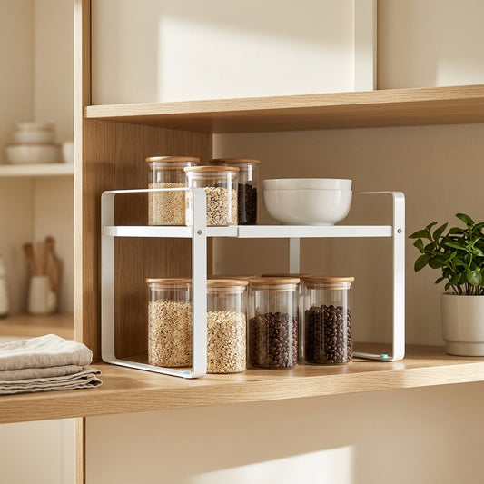 Slideledge™ Carbon Steel Retractable Kitchen Storage Rack in a calm home setting