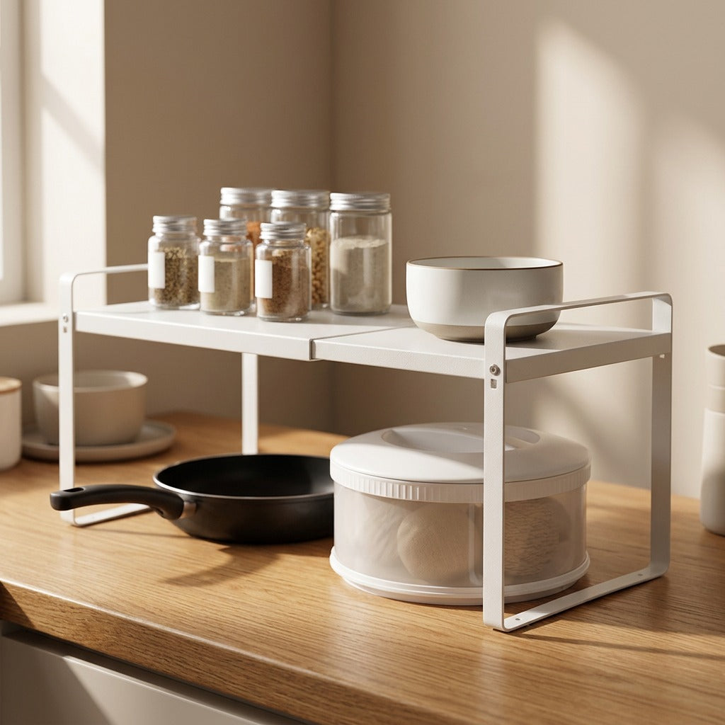 Slideledge™ Carbon Steel Retractable Kitchen Storage Rack, styled close view