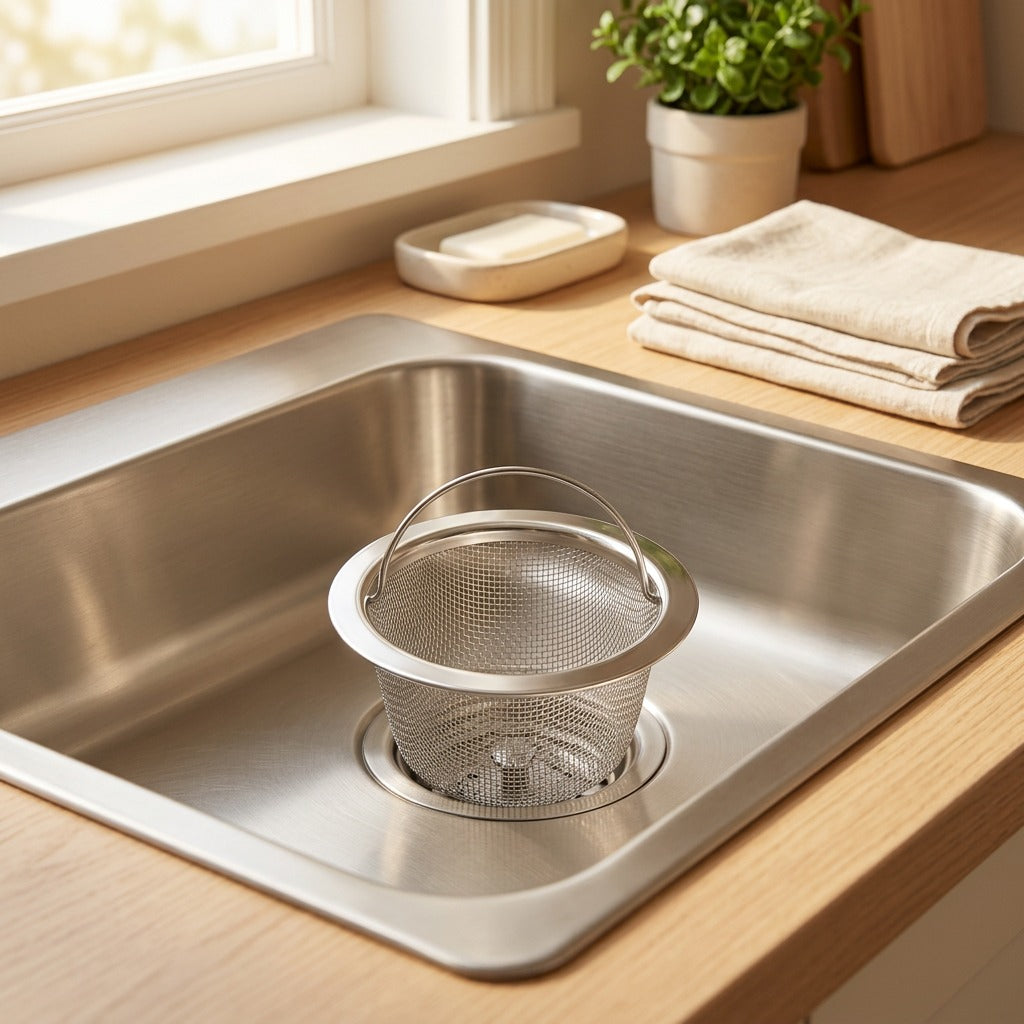 Rinsecatch™ Stainless Steel Sink Basket Strainer in a calm home setting