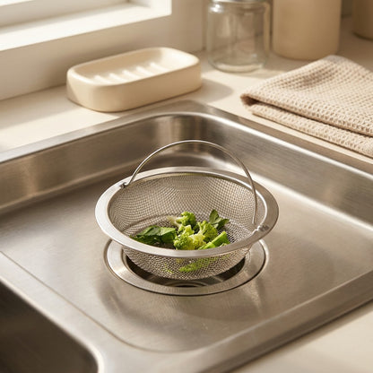 Rinsecatch™ Stainless Steel Sink Basket Strainer, styled close view