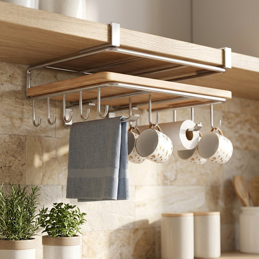 Boardbar™ Wall-Mounted Cutting Board and Rag Rack in a calm home setting