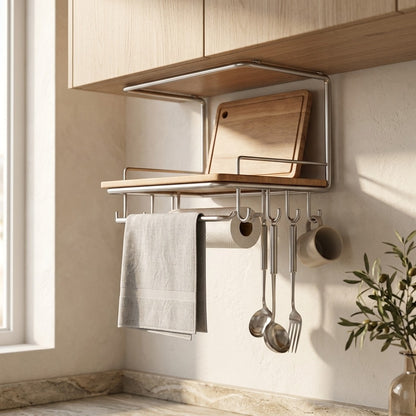 Boardbar™ Wall-Mounted Cutting Board and Rag Rack, styled close view