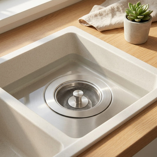 Drainseal™ Stainless Steel Sink Drain Stopper in a calm home setting