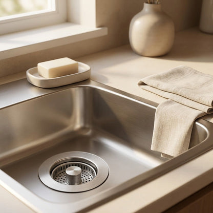 Drainseal™ Stainless Steel Sink Drain Stopper, styled close view