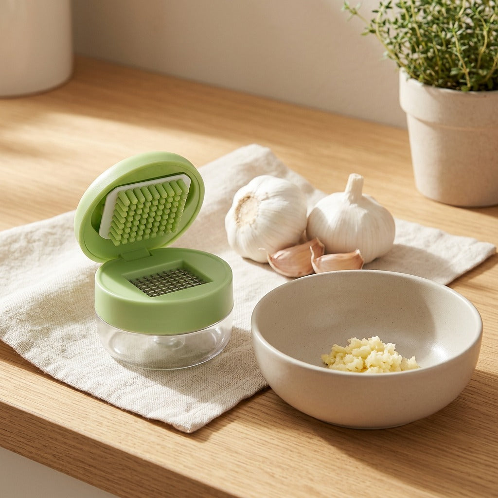 Clovepalm™ Manual Stainless Steel Garlic Press in a calm home setting