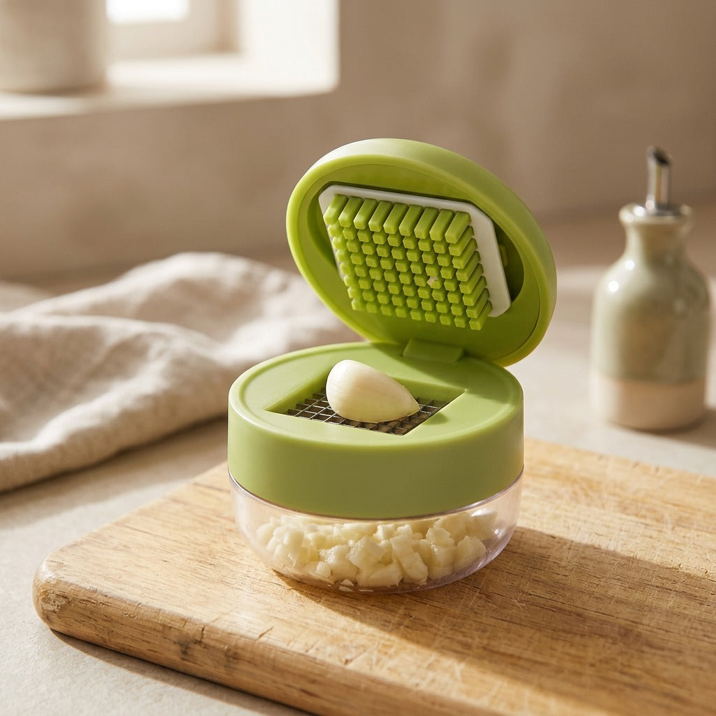 Clovepalm™ Manual Stainless Steel Garlic Press, styled close view