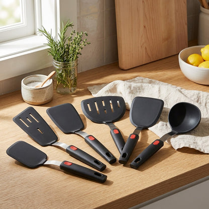Steelstir™ Stainless Steel Handle Silicone Kitchen Utensil Set in a calm home setting