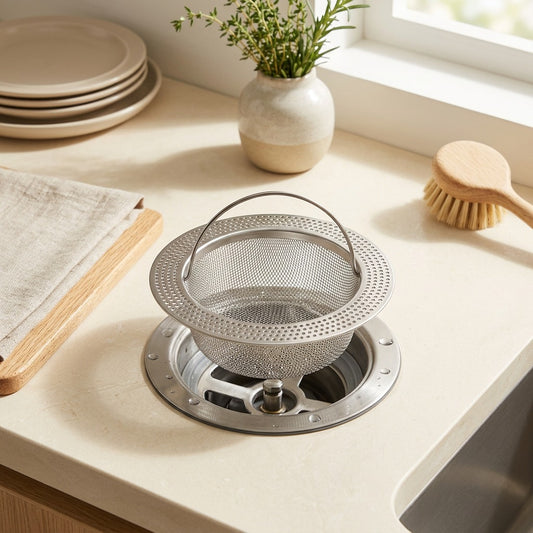 Scrapwell™ Stainless Steel Sink Drain Strainer Basket in a calm home setting