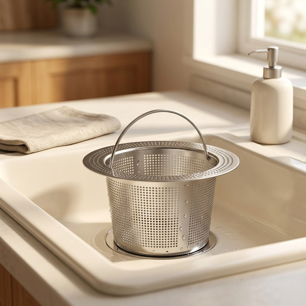 Scrapwell™ Stainless Steel Sink Drain Strainer Basket, styled close view