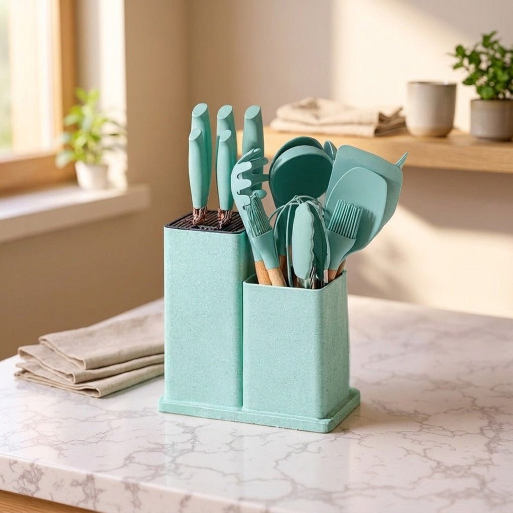 Simmerflex™ 19-Piece Silicone Kitchen Tools in a calm home setting