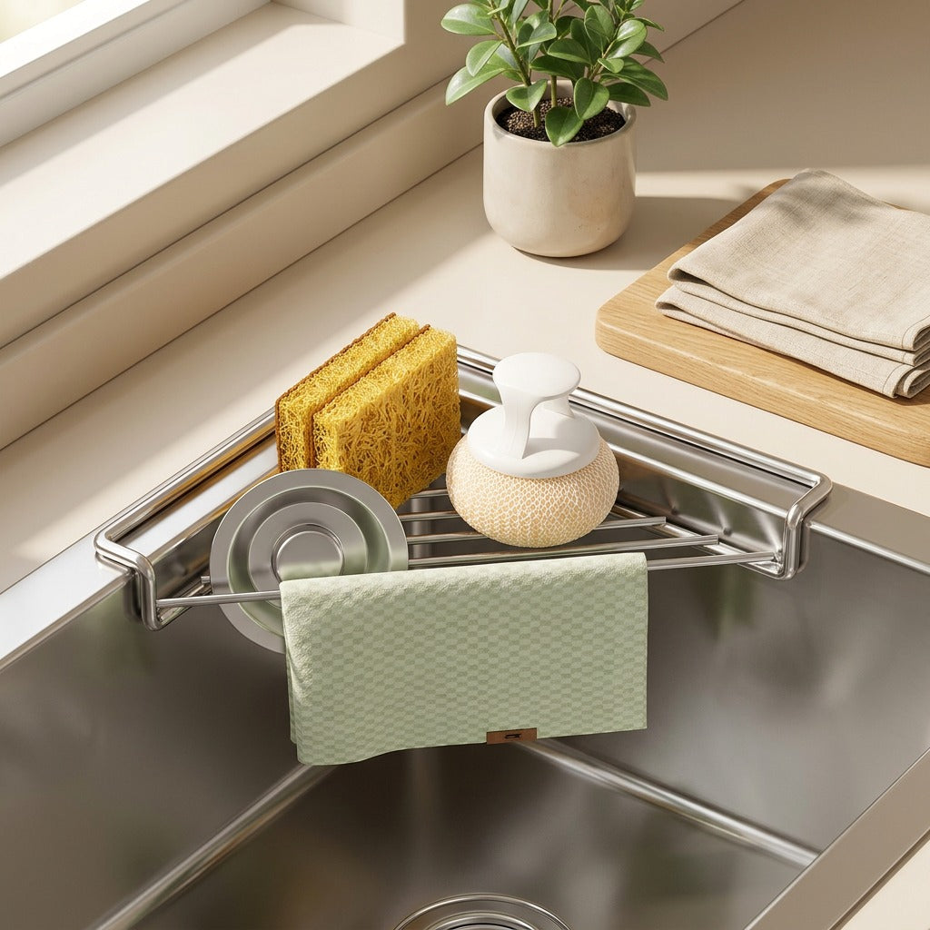 Driprest™ Stainless Steel Sink Drain Rack in a calm home setting
