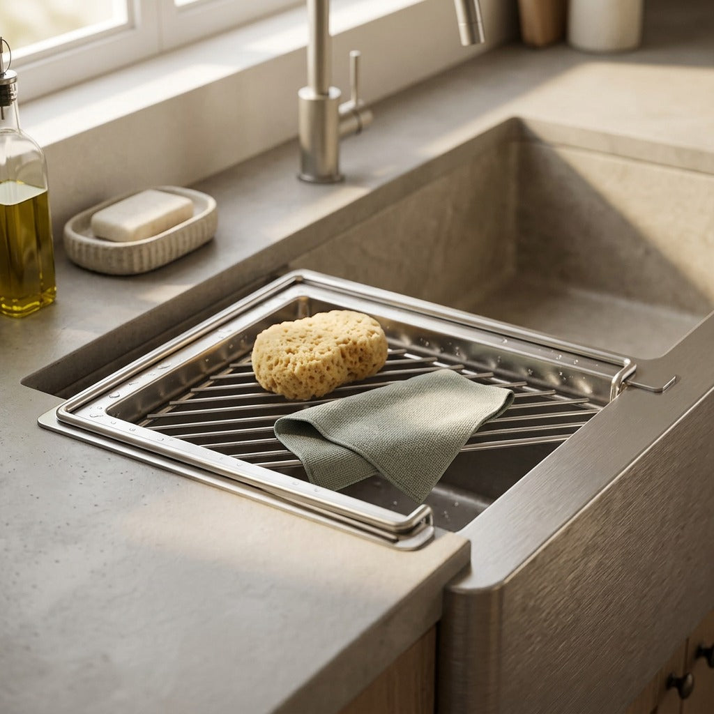 Driprest™ Stainless Steel Sink Drain Rack, styled close view