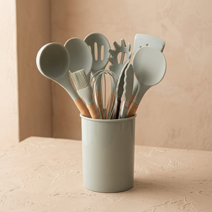 Oakstir™ Silicone Cooking Utensil Set With Oak Handles, material and detail close-up