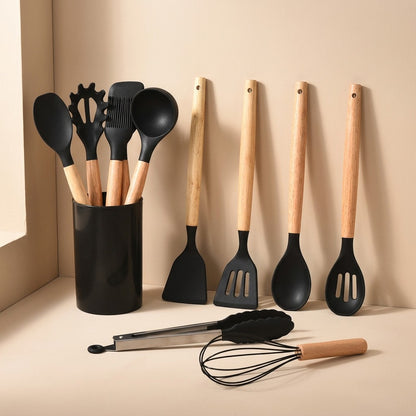 Oakstir™ Silicone Cooking Utensil Set With Oak Handles