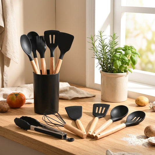 Oakstir™ Silicone Cooking Utensil Set With Oak Handles in a calm home setting