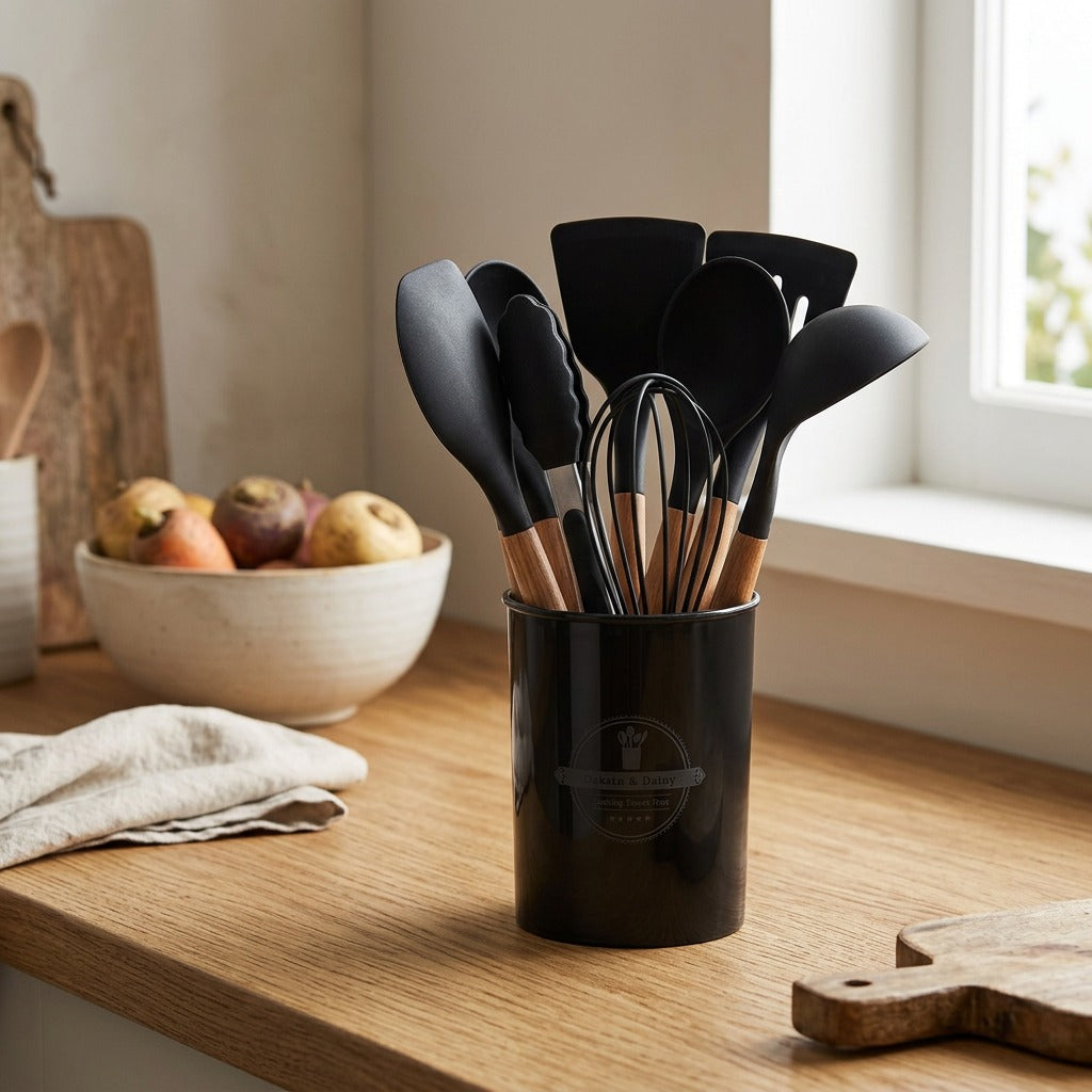 Oakstir™ Silicone Cooking Utensil Set With Oak Handles, styled close view