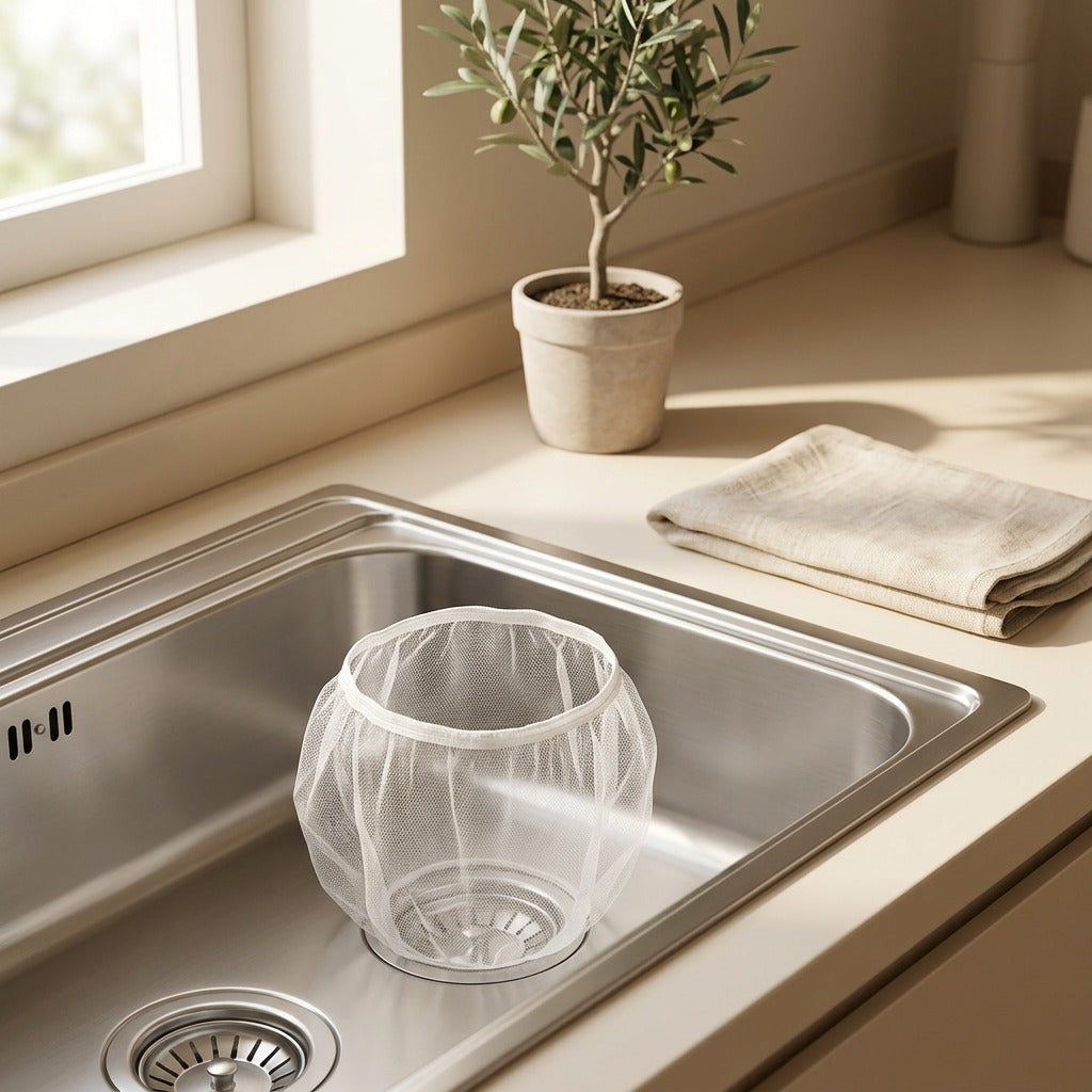 Flowweft™ Polyester Sink Filter Net in a calm home setting