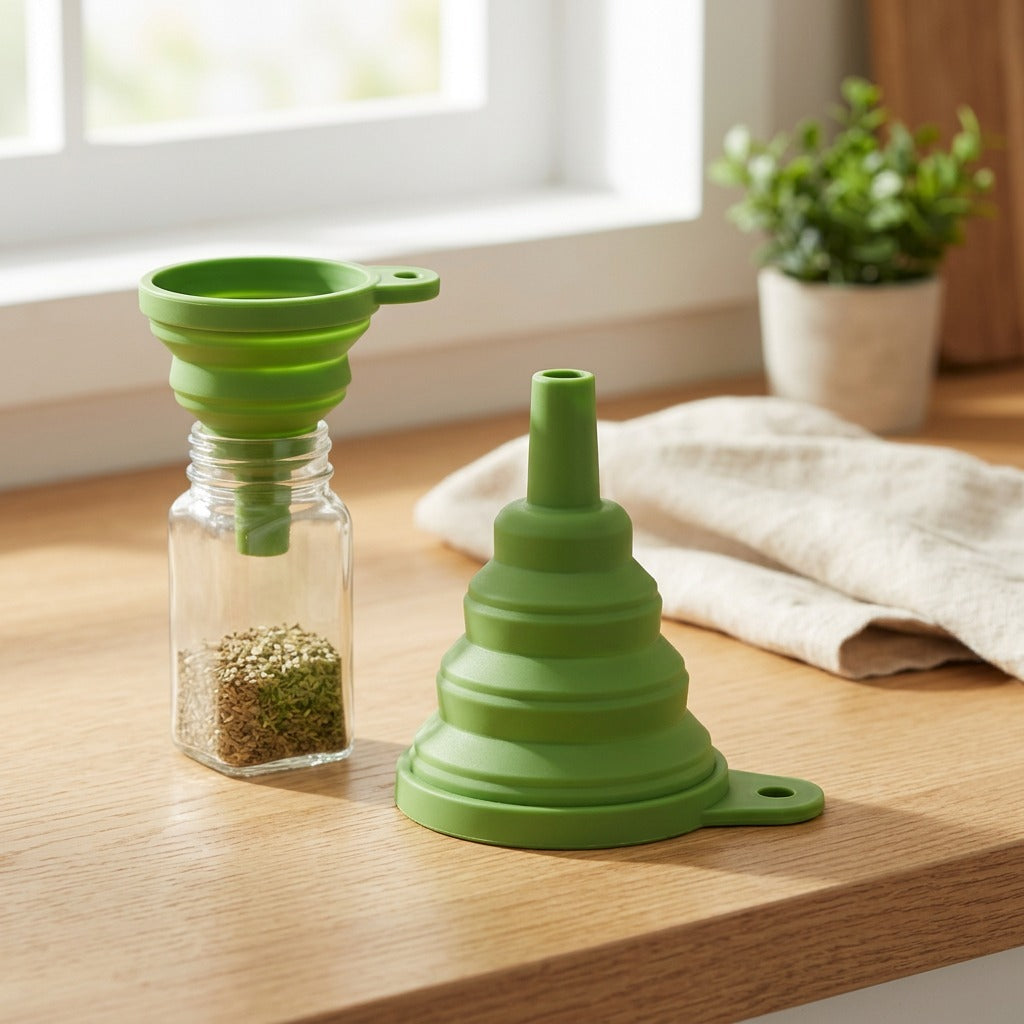 Pourfold™ Silicone Folding Mini Funnel in a calm home setting