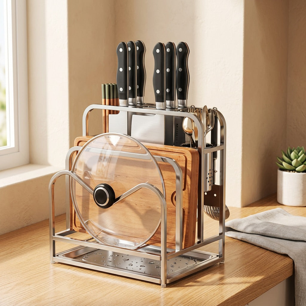 Knifeline™ Stainless Steel Countertop Knife Rack in a calm home setting
