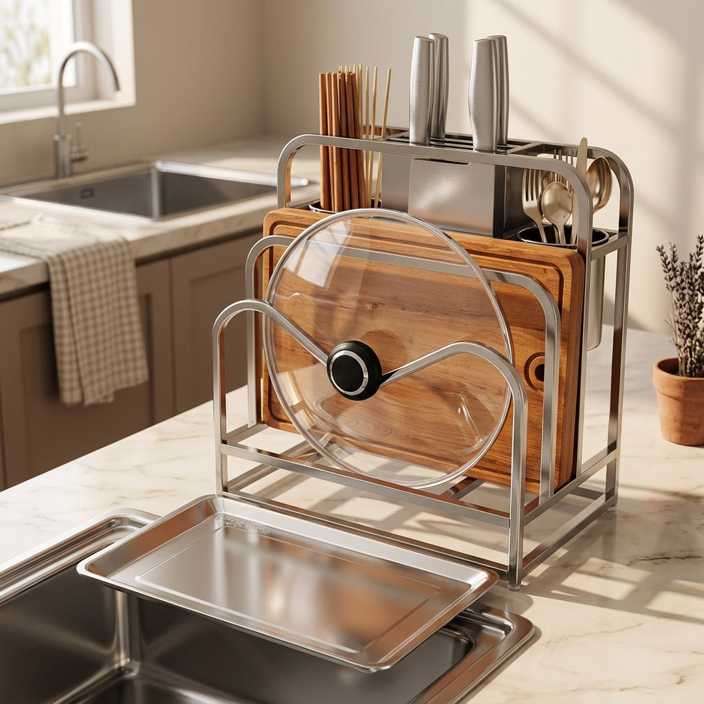 Knifeline™ Stainless Steel Countertop Knife Rack, styled close view