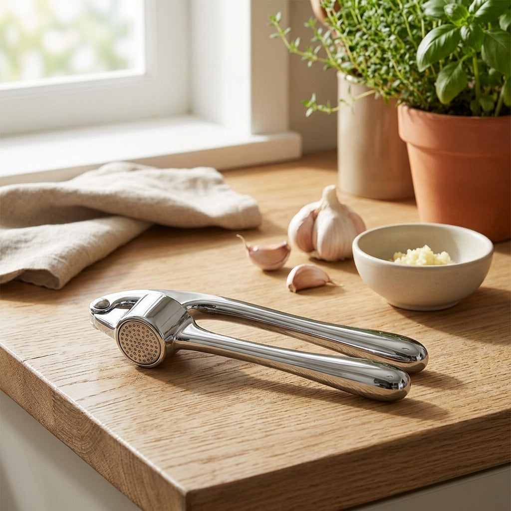 Mashgrip™ Zinc Alloy Garlic Press in a calm home setting