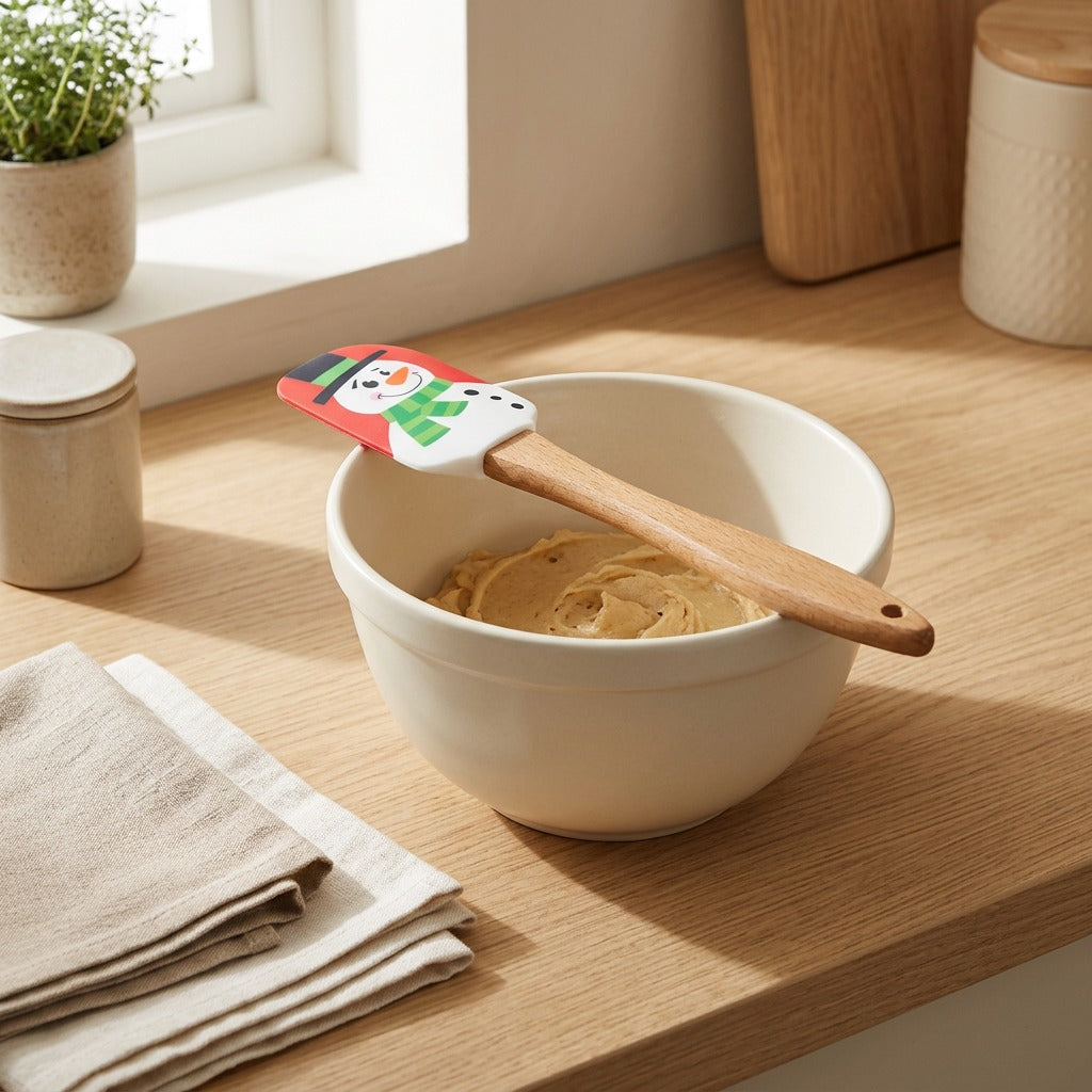 Snowstir™ Christmas Snowman Silicone Spatula in a calm home setting