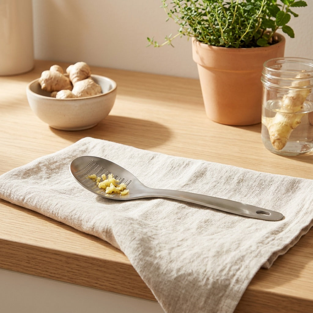 Gingershave™ Stainless Steel Ginger Grinder Spoon in a calm home setting