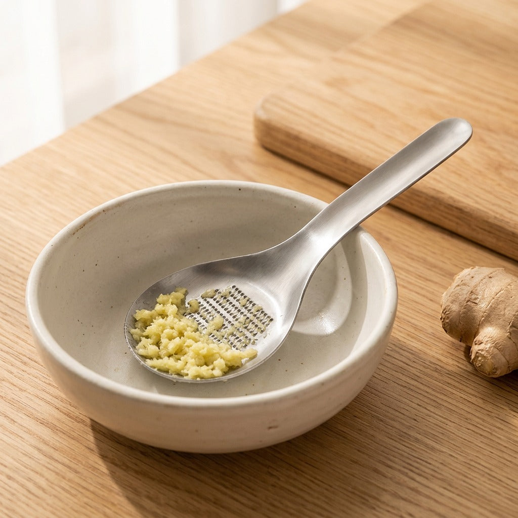 Gingershave™ Stainless Steel Ginger Grinder Spoon, styled close view
