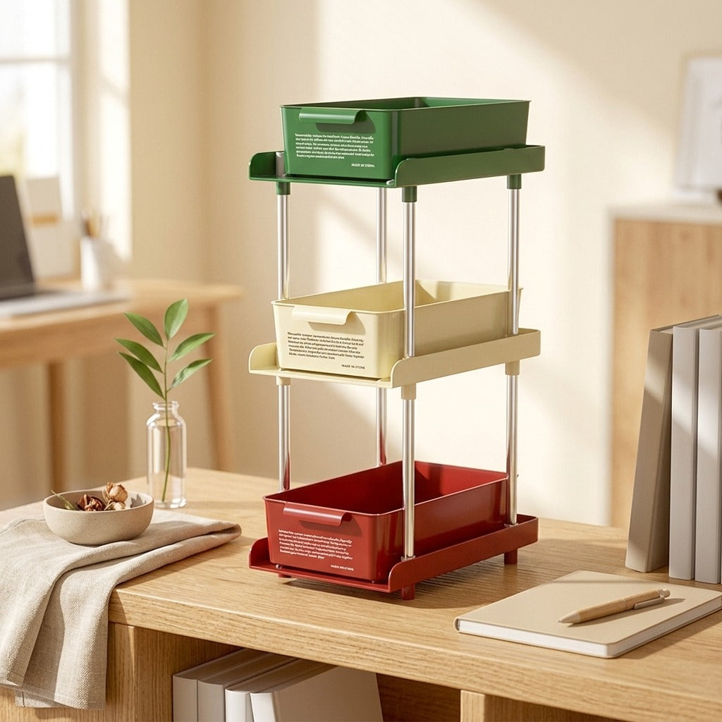 Slidebin™ Plastic Desktop Storage Box Drawer in a calm home setting
