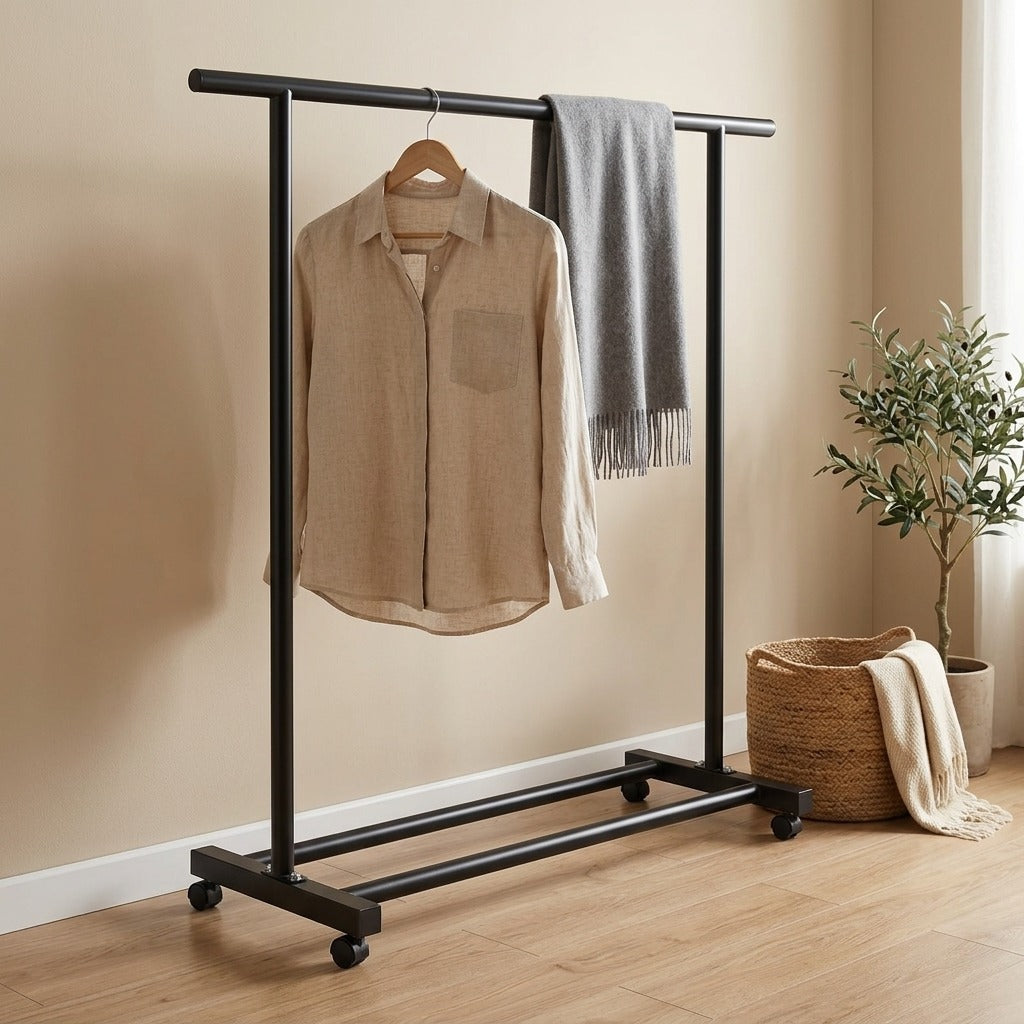 Steelrail™ Carbon Steel Clothes Rack, styled close view