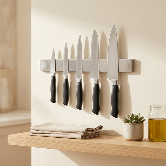 Bladehold™ 304 Stainless Steel Magnetic Knife Holder in a calm home setting