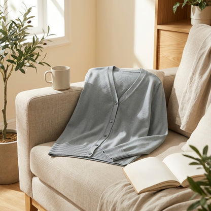 Neckknit™ Women's V-Neck Cardigan in a calm home setting