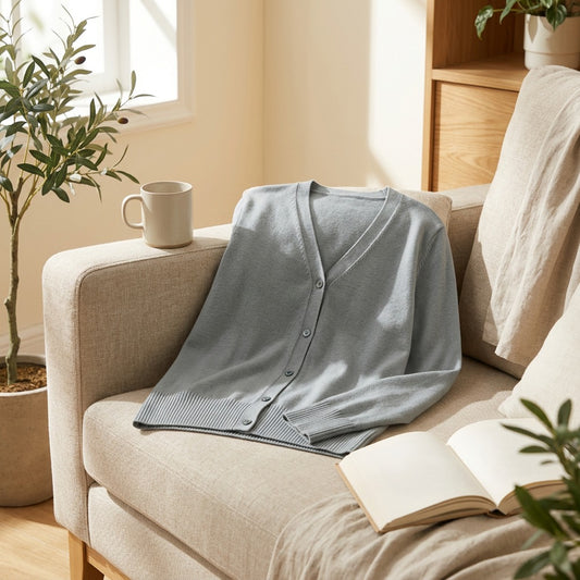 Neckknit™ Women's V-Neck Cardigan in a calm home setting