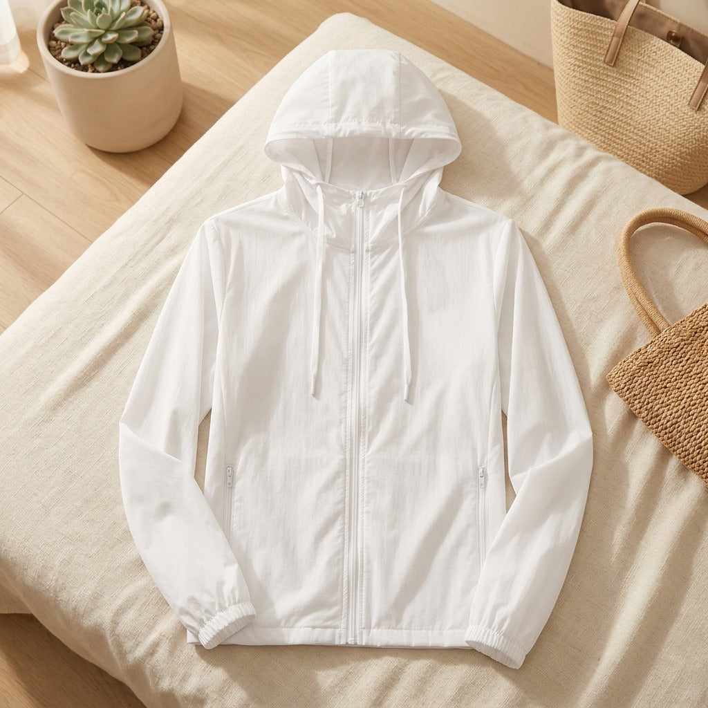 Hoodweave™ Hooded Polyester Sun Protection Clothing in a calm home setting