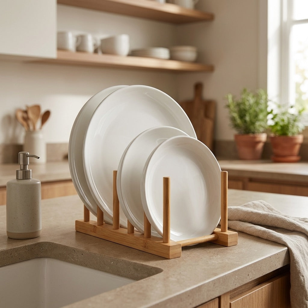Drainleaf™ Bamboo Dish Drain Rack, styled close view