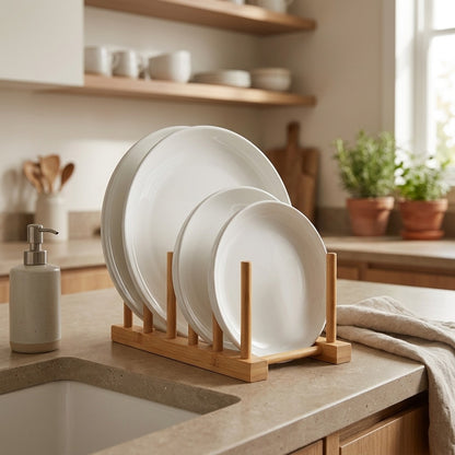 Drainleaf™ Bamboo Dish Drain Rack, styled close view