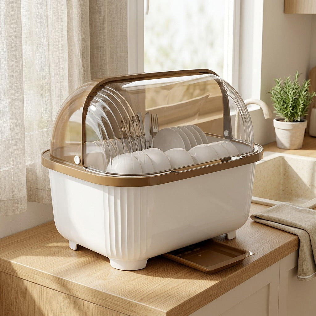 Dishcover™ Plastic Kitchen Dish Rack With Lid in a calm home setting