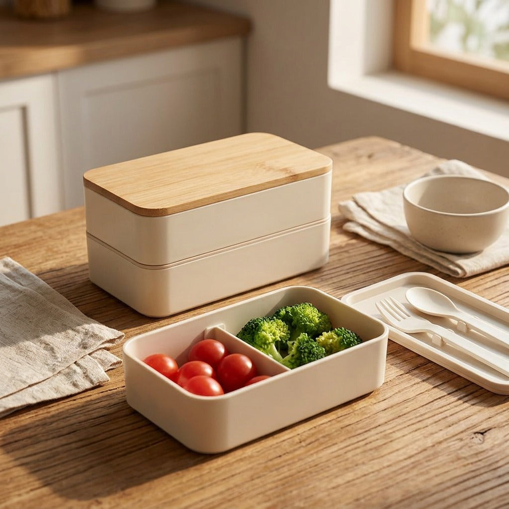 Bambox™ Bamboo Lid Plastic Lunch Box, styled close view