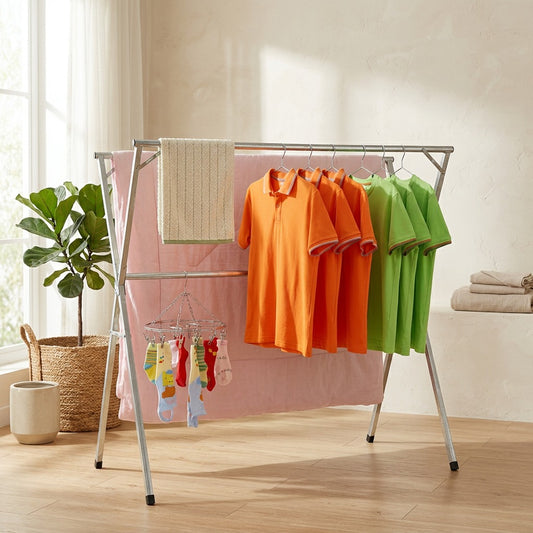 Rackfold™ X-Type Galvanized Steel Clothes Rack in a calm home setting