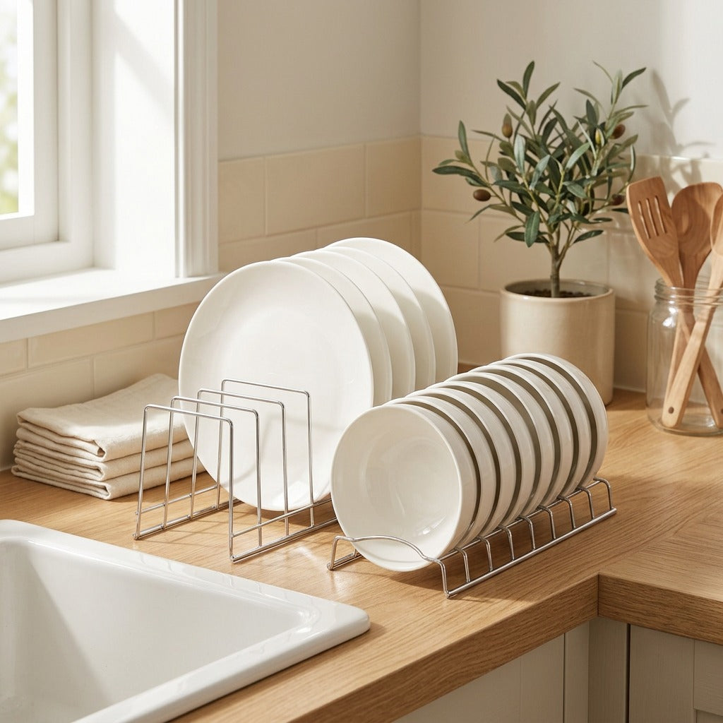Dishdrain™ Stainless Steel Dish Rack in a calm home setting